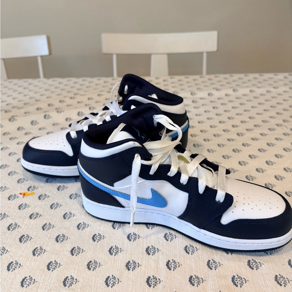 Jordan Mid White Navy with Light Blue Nikes